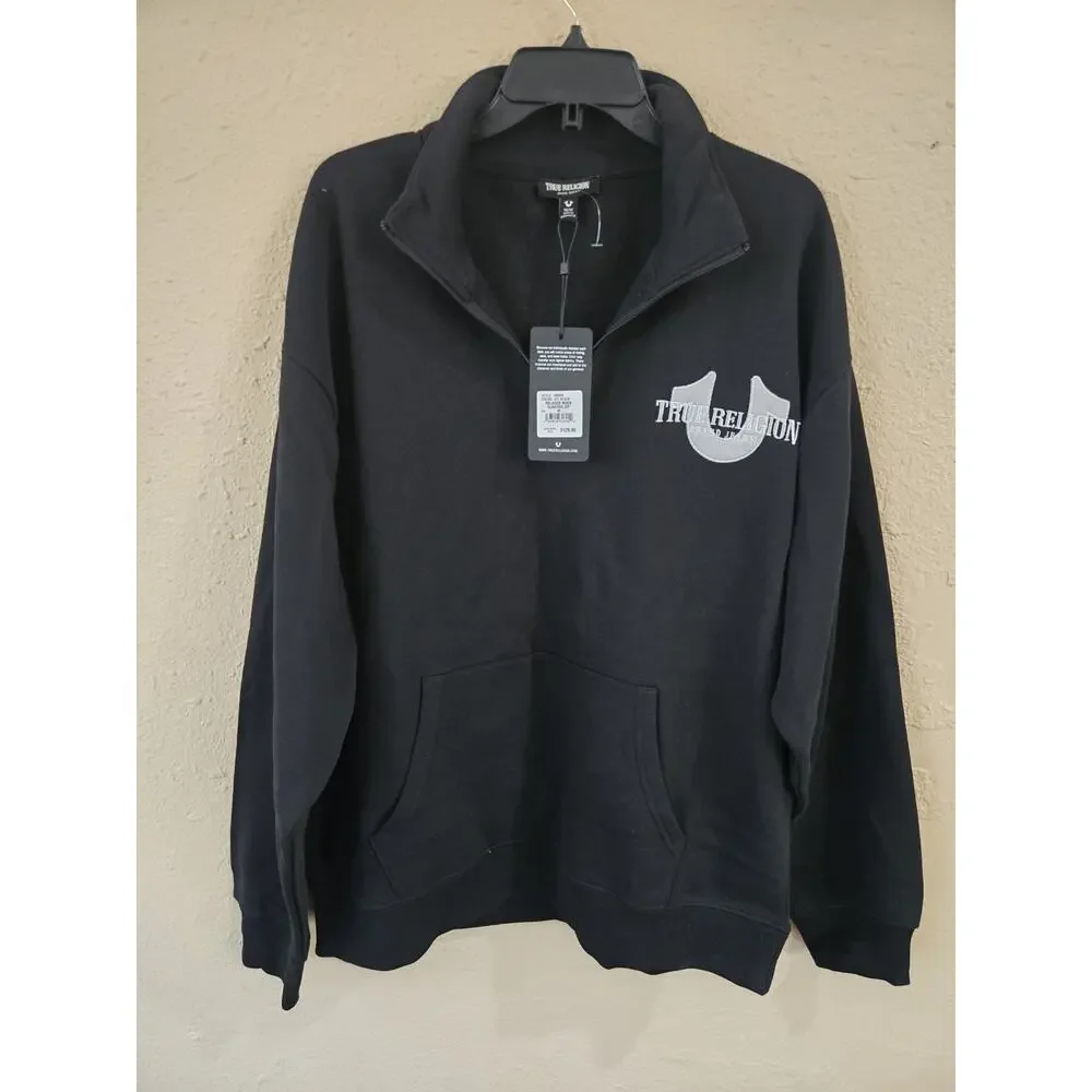 True Religion Sweater Mens Black Relaxed Mock 1/4 Zip Sweatshirt, Medium $129